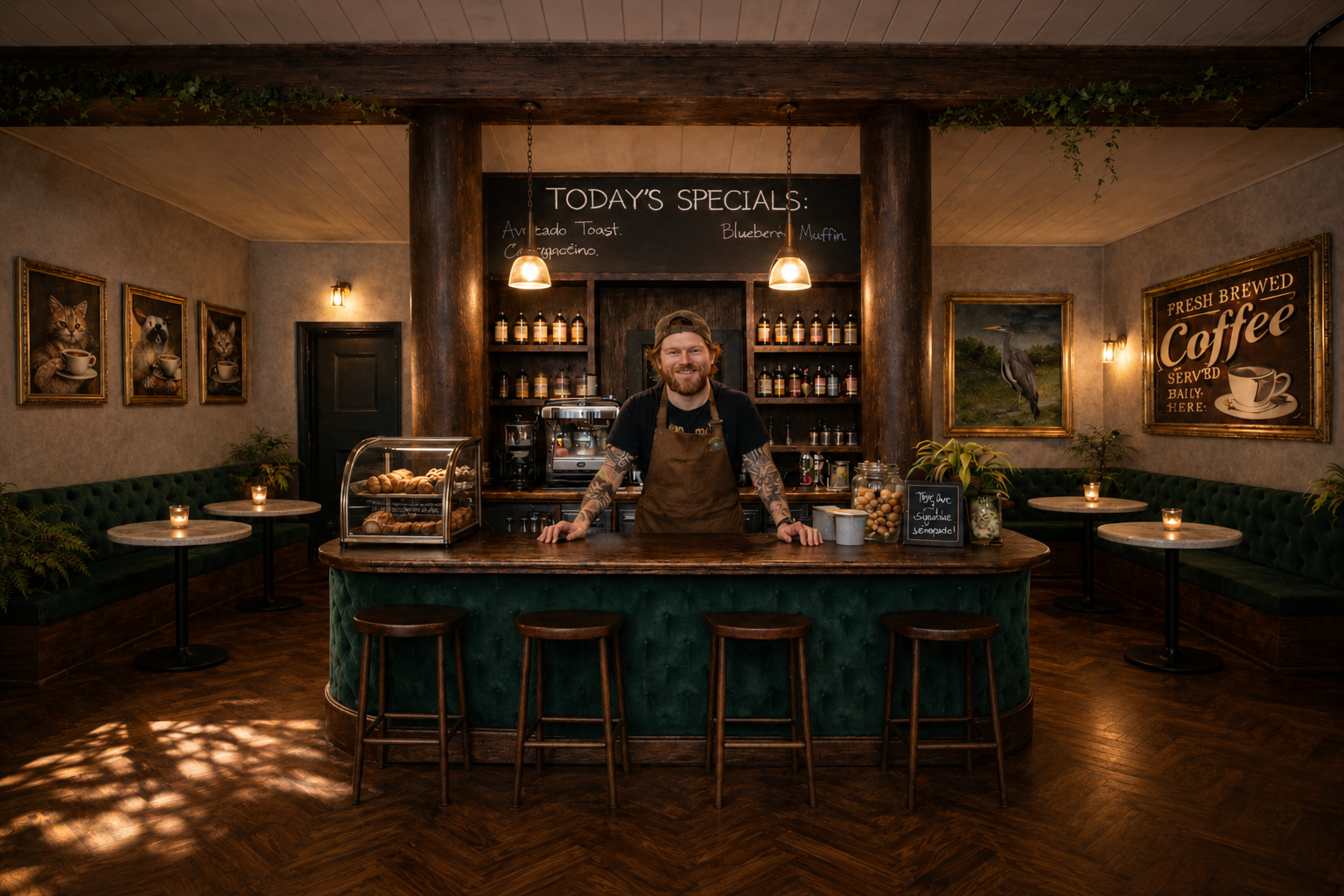 A barista behind the bar at The Green Heron with a chalkboard above