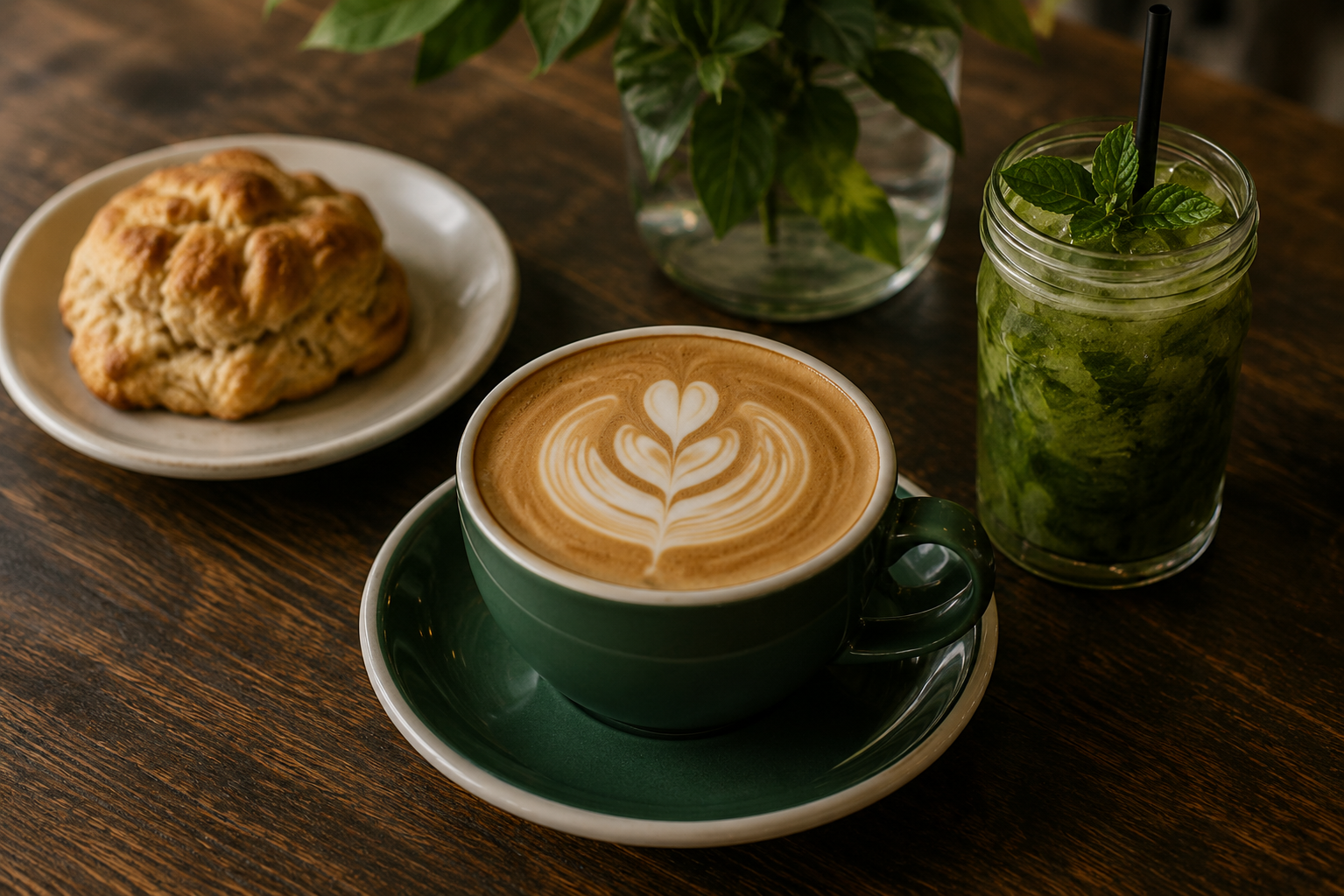 A latte with rosetta art, a freshly baked biscuit, and a mason jar of iced mint tea on dark wood