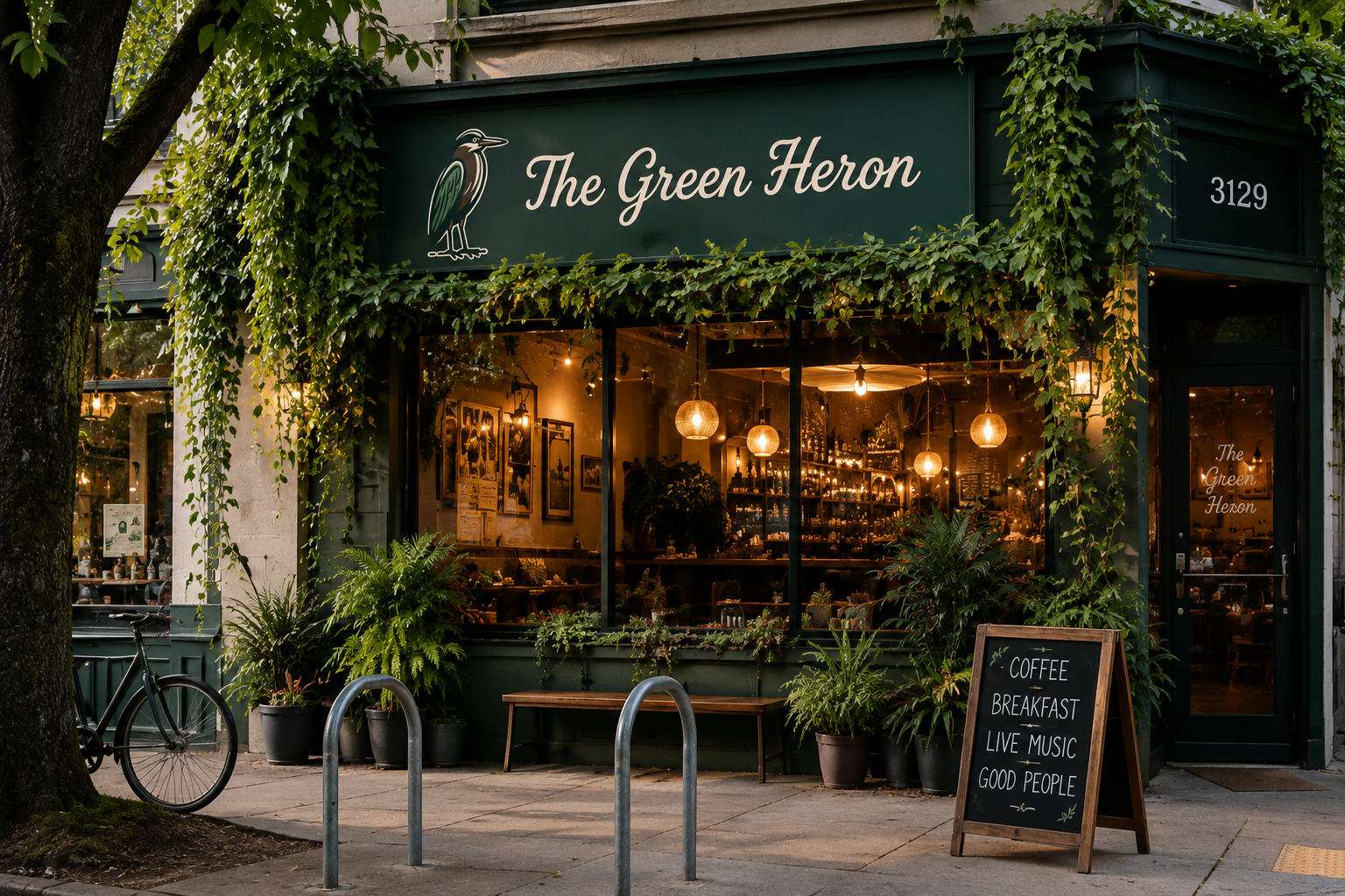 The Green Heron cafe storefront on SE Belmont with green ivy, hanging plants, and a vintage sign