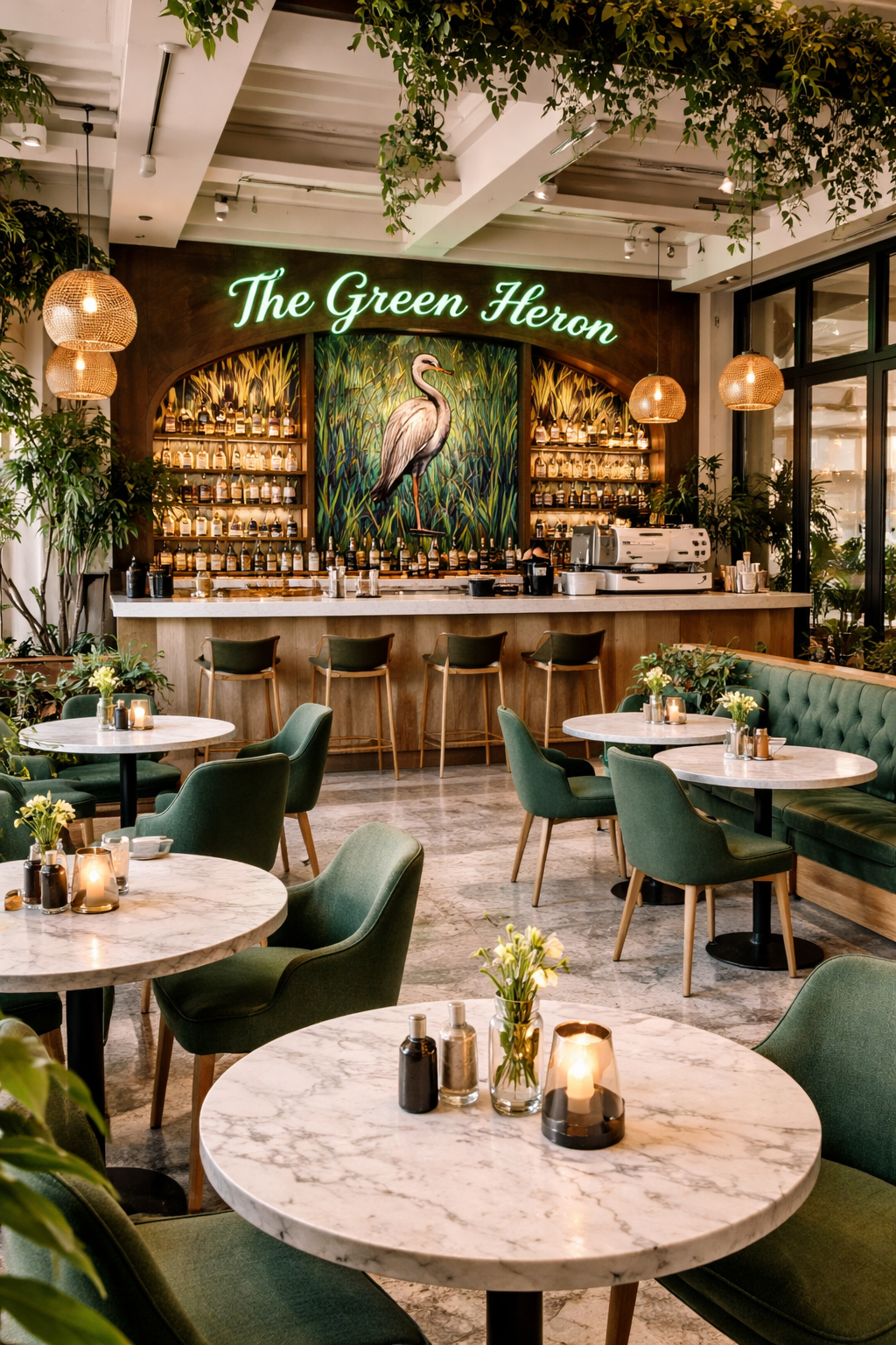 The Green Heron lounge corner with marble tables, emerald velvet seating, and hanging plants