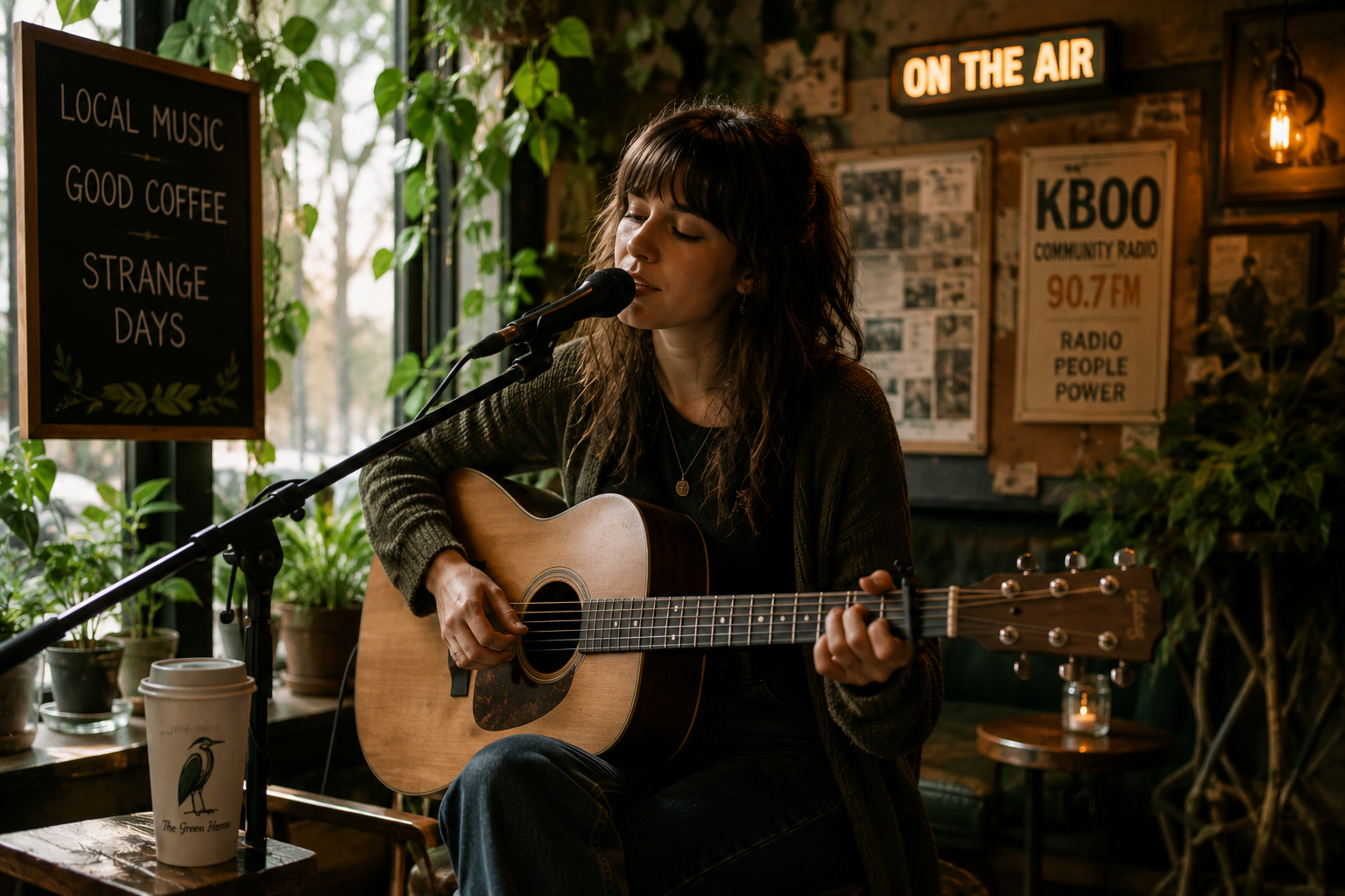 A singer-songwriter playing acoustic guitar by the cafe window with plants and warm light